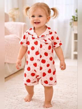 Baby Girl Strawberry Pajama Romper 18-24M Pink Button Up Summer Sleepwear NEW